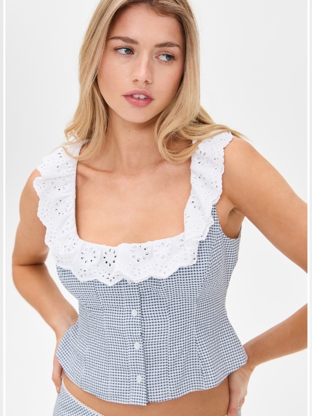 Guizio Blue Gingham Eyelet Ruffle Tank Size S